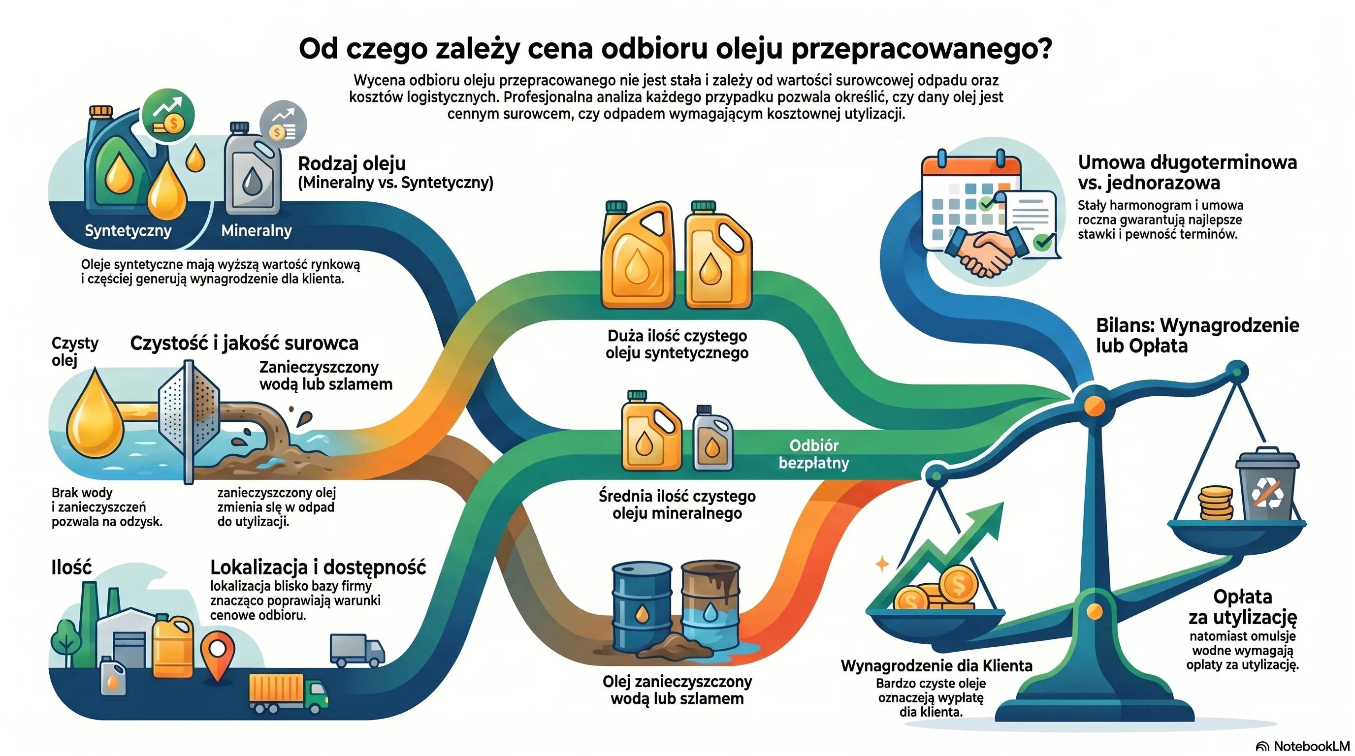 Infografika: cennik odbioru oleju przepracowanego 2026 – tabela cen, czynniki wpływające na cenę