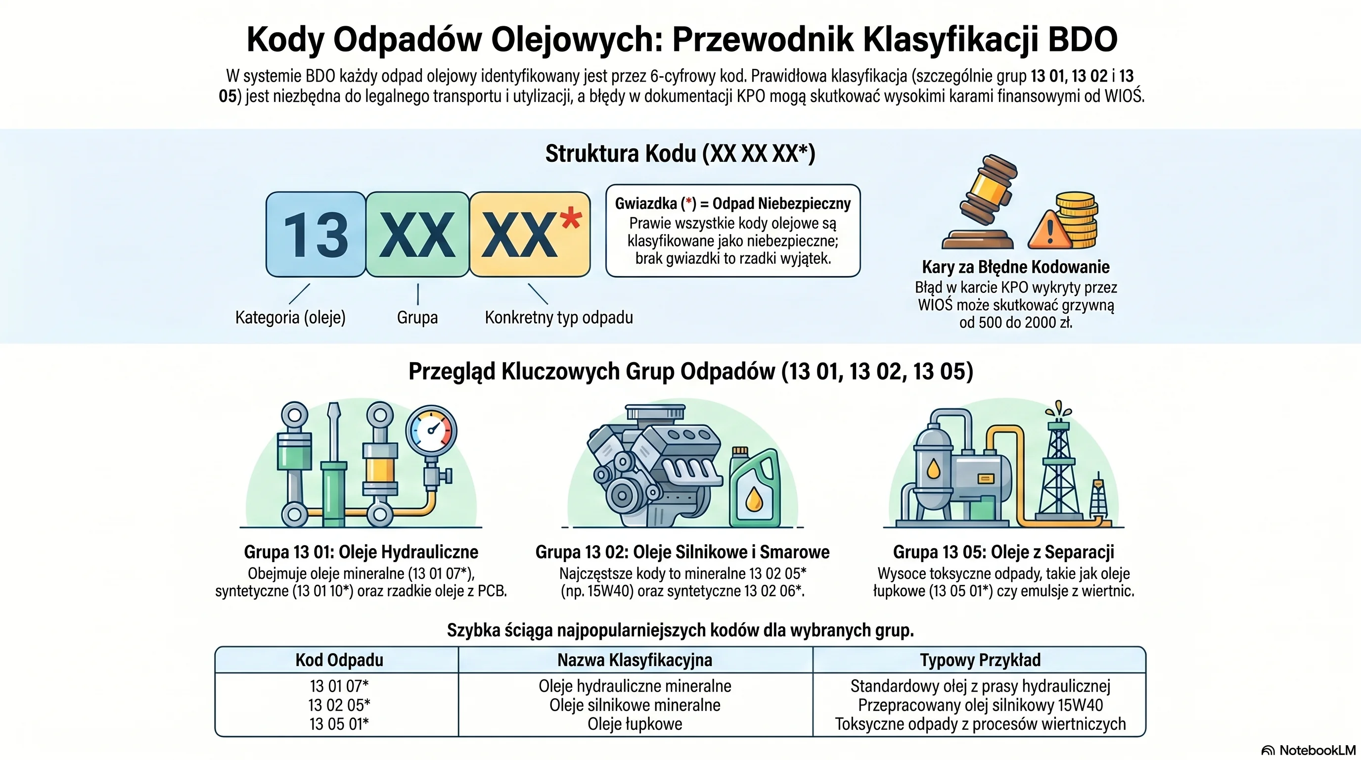 Infografika: kody odpadów olejowych 13 01 13 02 13 05 – kompletna tabela klasyfikacji