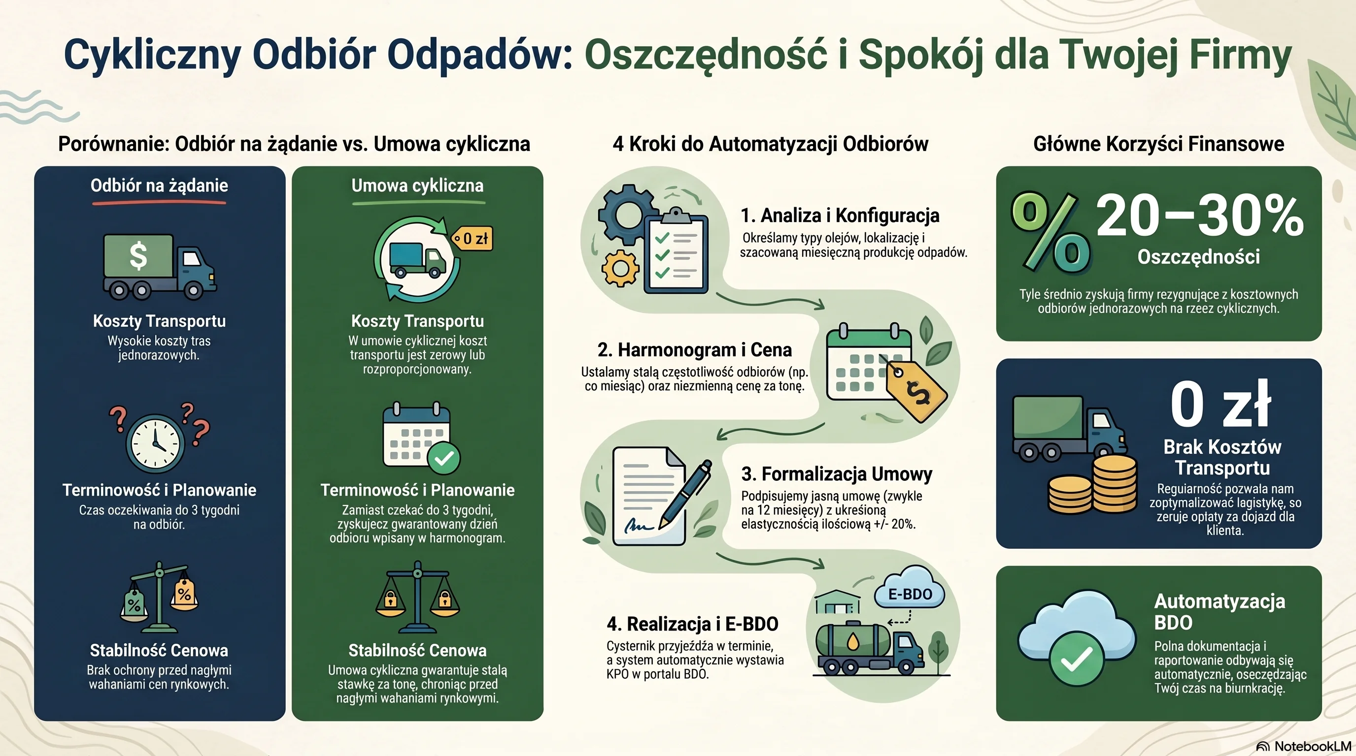 Infografika: cykliczny odbiór odpadów – porównanie vs jednorazowy, harmonogram, oszczędności