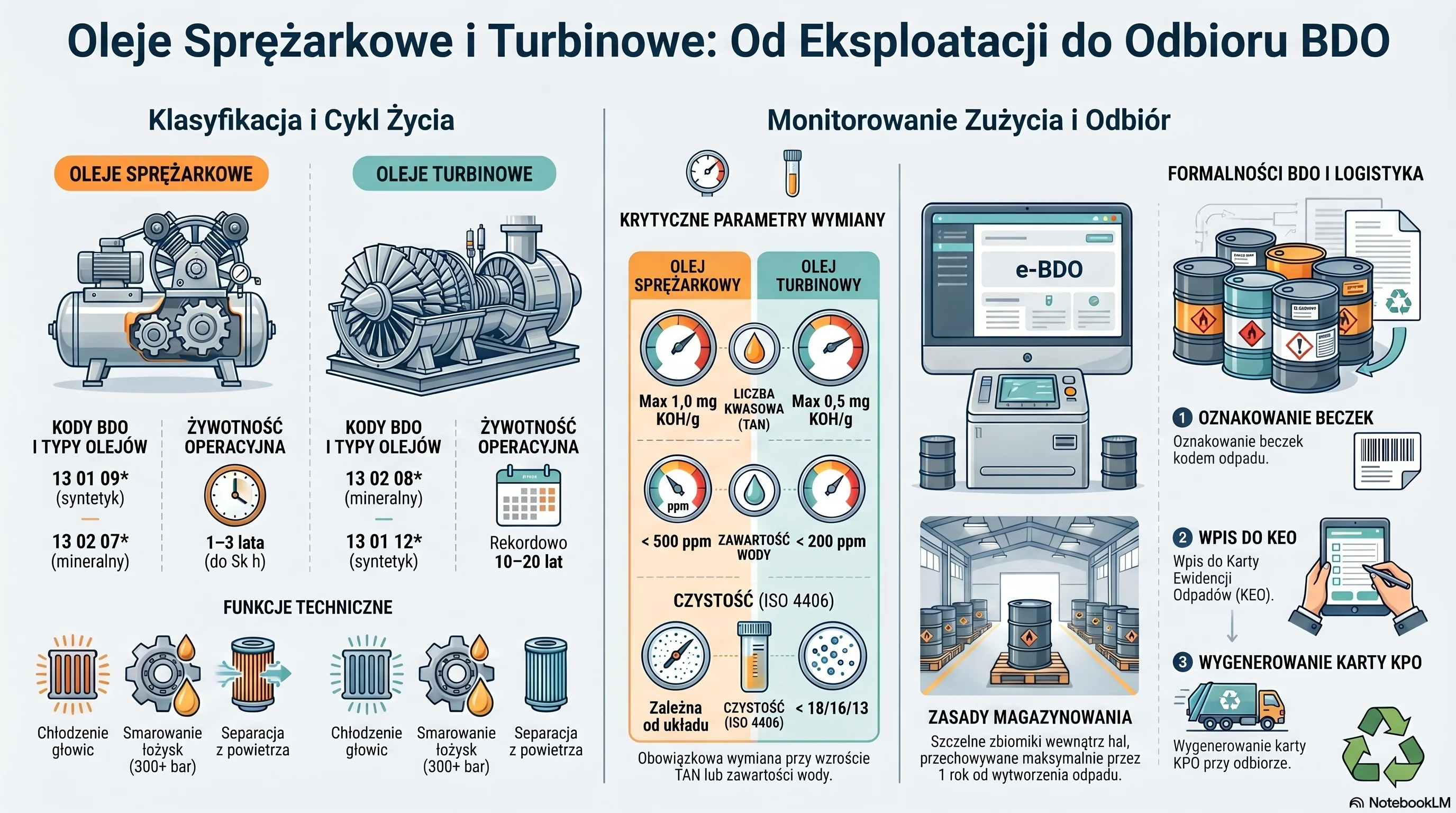 Infografika: olej sprężarkowy vs turbinowy – parametry, żywotność, klasyfikacja