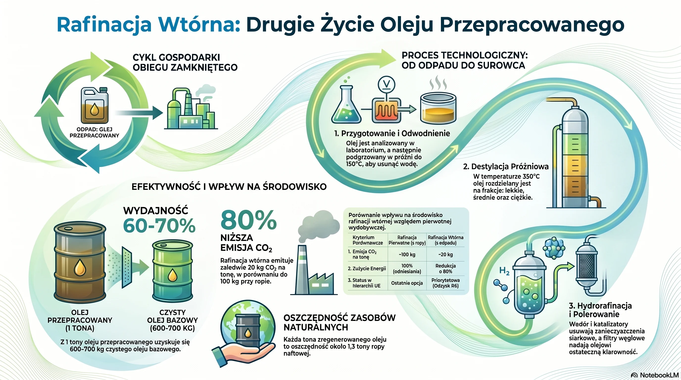 Infografika: rafinacja wtórna olejów – proces technologiczny, wydajność, certyfikaty